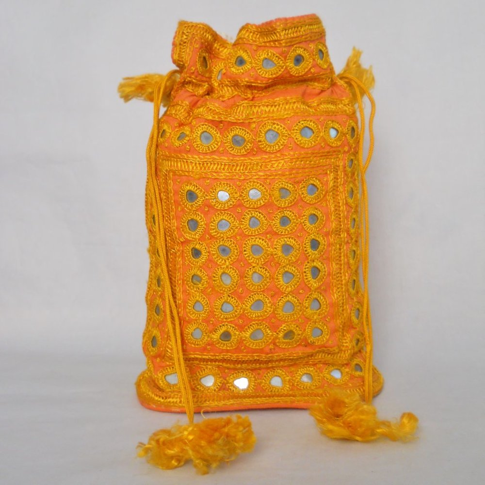 Small Mirrored Drawstring Bag, Orange w/Yellow Stitching, India